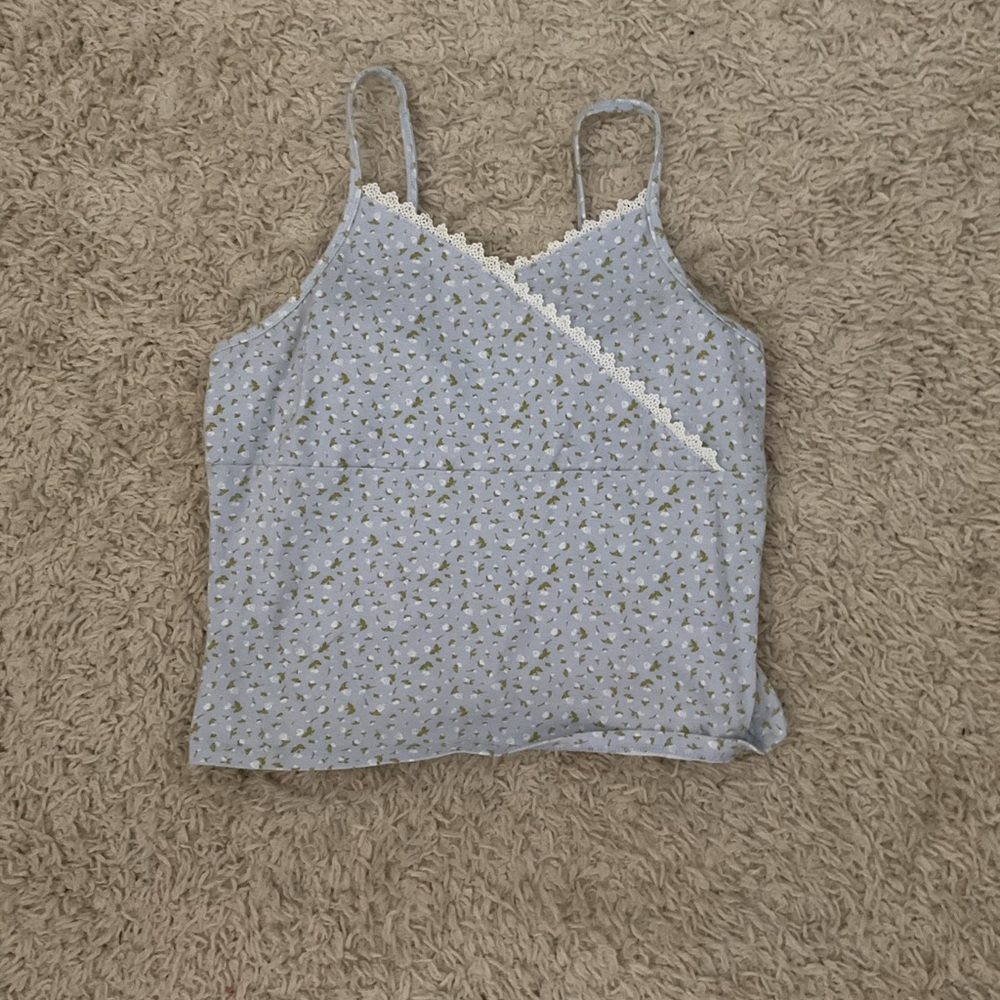 Floral Lace Trim Blue Women's Top
